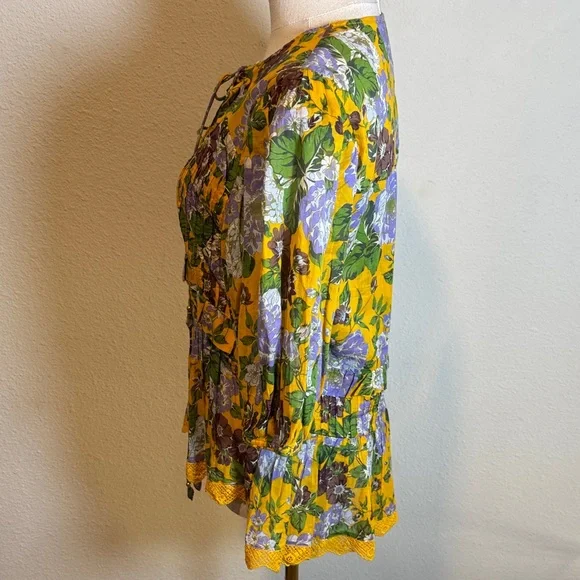 Farm Rio Capri Peplum Hem Floral Blouse Yellow & Purple size Large - Picture 5 of 17
